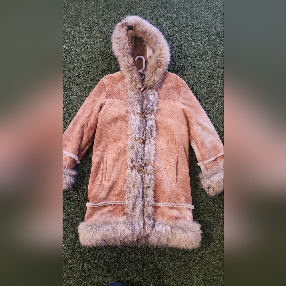 Wilsons Leather Tan Faux Shearling Trench Coat with Hood and Fur Trim